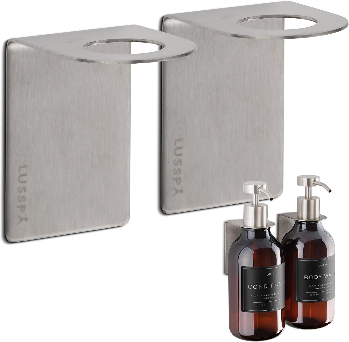 Wall Mount Soap Dispenser Holder, 2 Pack – 304 Stainless Steel, 2.95"×1.97"×2.56", 1.1" Neck Fit, No-Drill Peel & Stick Adhesive, Rustproof, Fits LUSSPA Bottles (Matte Black)