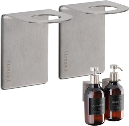 Wall Mount Soap Dispenser Holder, 2 Pack – 304 Stainless Steel, 2.95"×1.97"×2.56", 1.1" Neck Fit, No-Drill Peel & Stick Adhesive, Rustproof, Fits LUSSPA Bottles (Matte Black)