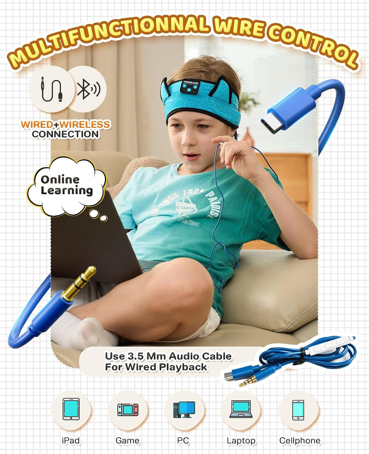 KIDSBAND Kids Bluetooth Headphones, Sleep Headband [Wireless & Wired Playback 2in1] Foldable Headphones for School/Travel/Tablet/Sleep