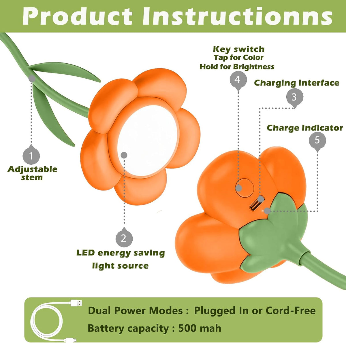 Rose Flower Lamp Rechargeable Reading Light for Bed,3-Color Modes Adjustable Brightness Small Night Light Neck Reading Light,Festival Gifts for Kids Mom Girlfriend Grandma(Orange-red)