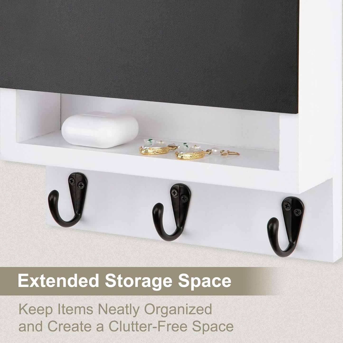 Key and Mail Holder for Wall with Chalkboard and Long Storage Box | Key Holder, Key Hanger with 3 Sturdy Hooks for Coat, Dog Leash, Entryway Mail Organizer