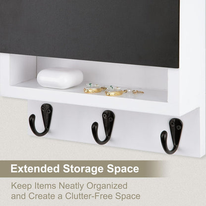 Key and Mail Holder for Wall with Chalkboard and Long Storage Box | Key Holder, Key Hanger with 3 Sturdy Hooks for Coat, Dog Leash, Entryway Mail Organizer