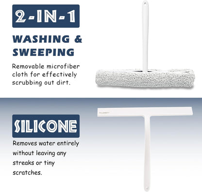 12 Inch Silicone Shower Squeegee for Glass Doors with Microfiber Cloth & Hook, Streak-Free Window Cleaner for Bathroom Mirror Tile Car, No-Scratch Squeegee with Rustproof Metal Core (Black)