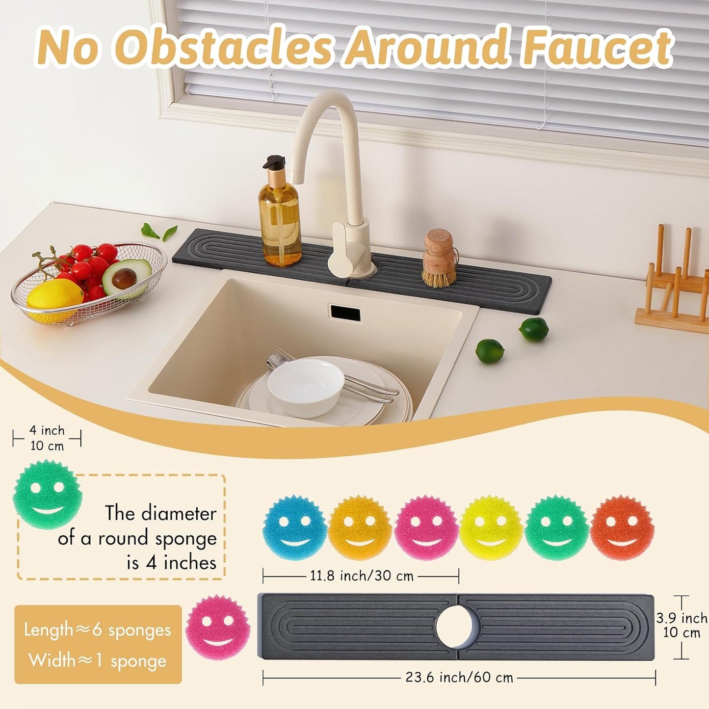 Faucet Mat for Kitchen Sink, 18" Wide Diatomite Fast Drying Stone Tray, Super Absorbent, Prevents Moisture Buildup, Faucet Water Splash Guard for Bathroom Counter, Sink Protector Gift for Mom, White