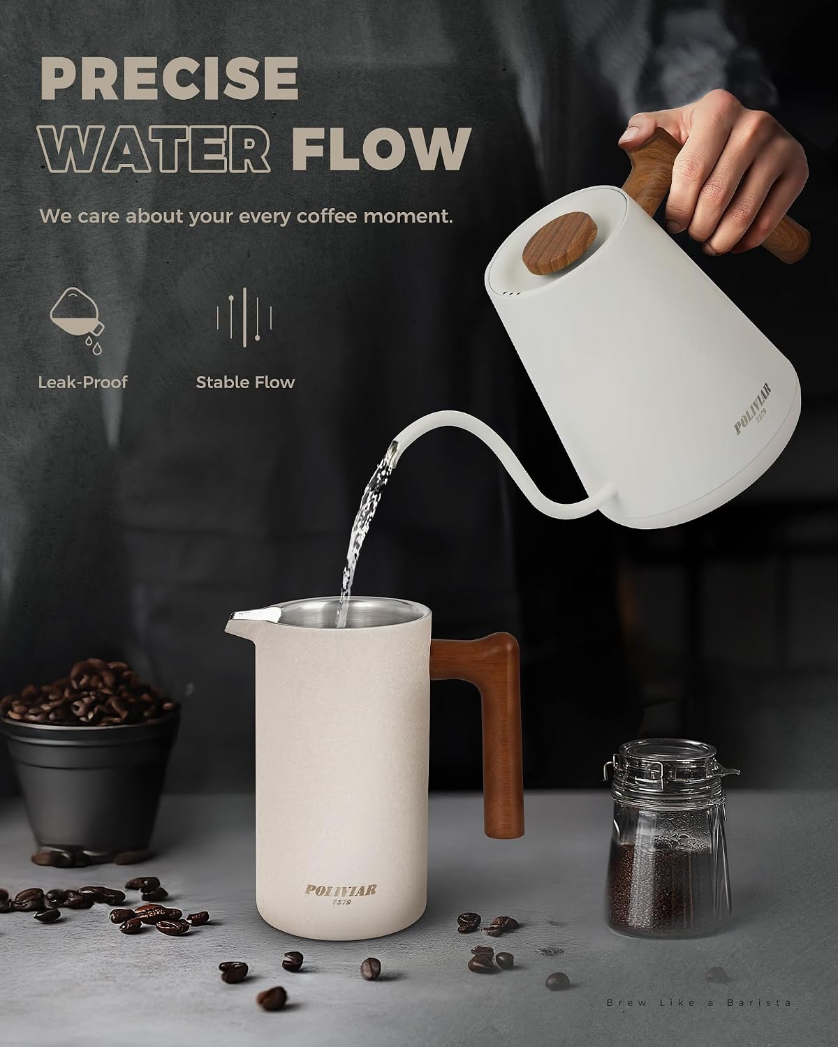 POLIVIAR Electric Gooseneck Kettle, 1350W Electric Tea Kettle Wood Pattern Handle, 34oz Pour Over Electric Kettle for Coffee & Tea, 18/8 Stainless Steel Inner, Temperature Control & Rapid Heating | 1350W, 34oz Pour Over Electric Tea Kettle for Coffee &