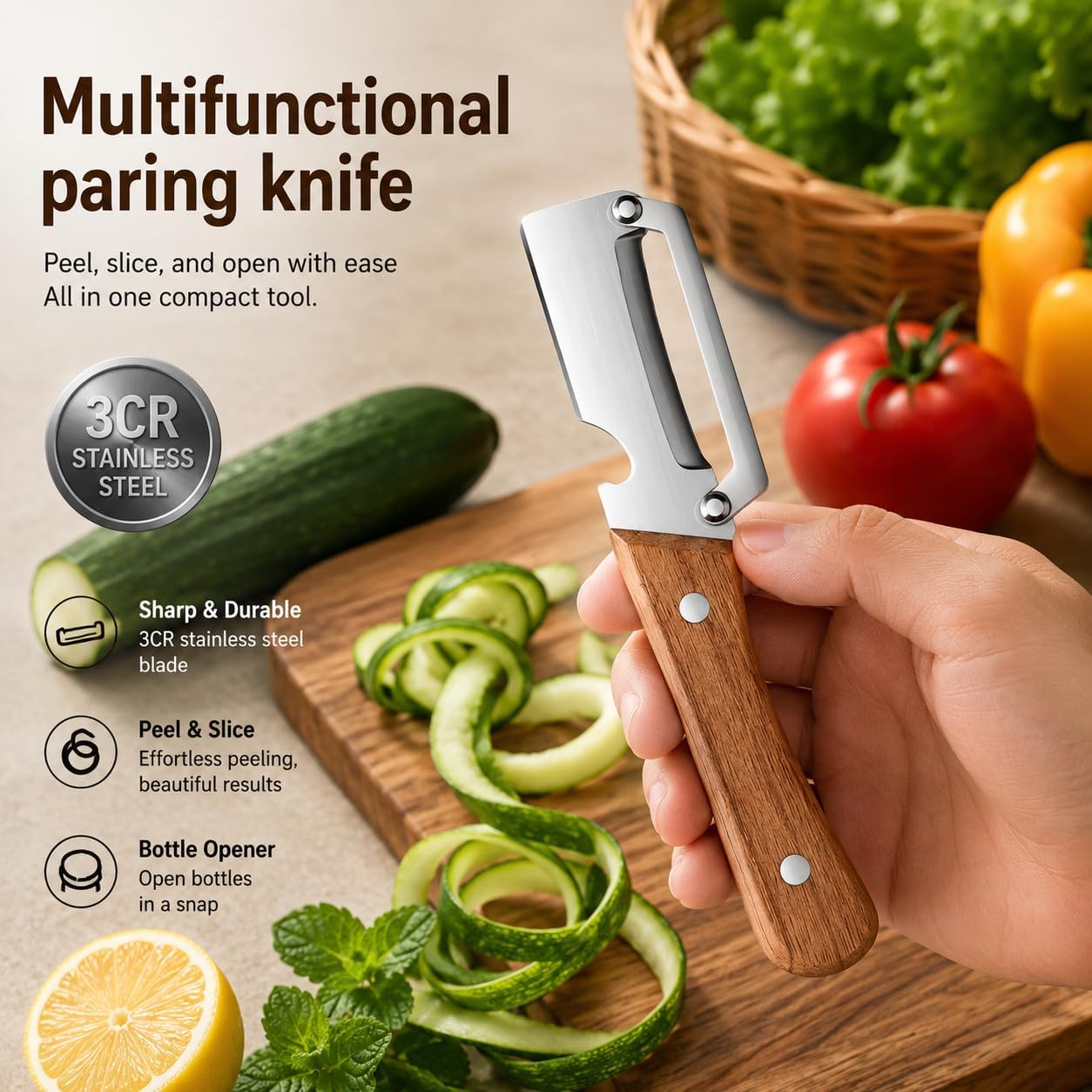 2PCS Vegetable Peeler, Stainless Steel Potato Peeler with Wooden Handle and Bottle Opener, Manual Fruit & Vegetable Peeler for Carrots, Apples, Cucumbers and Kitchen Meal Prep