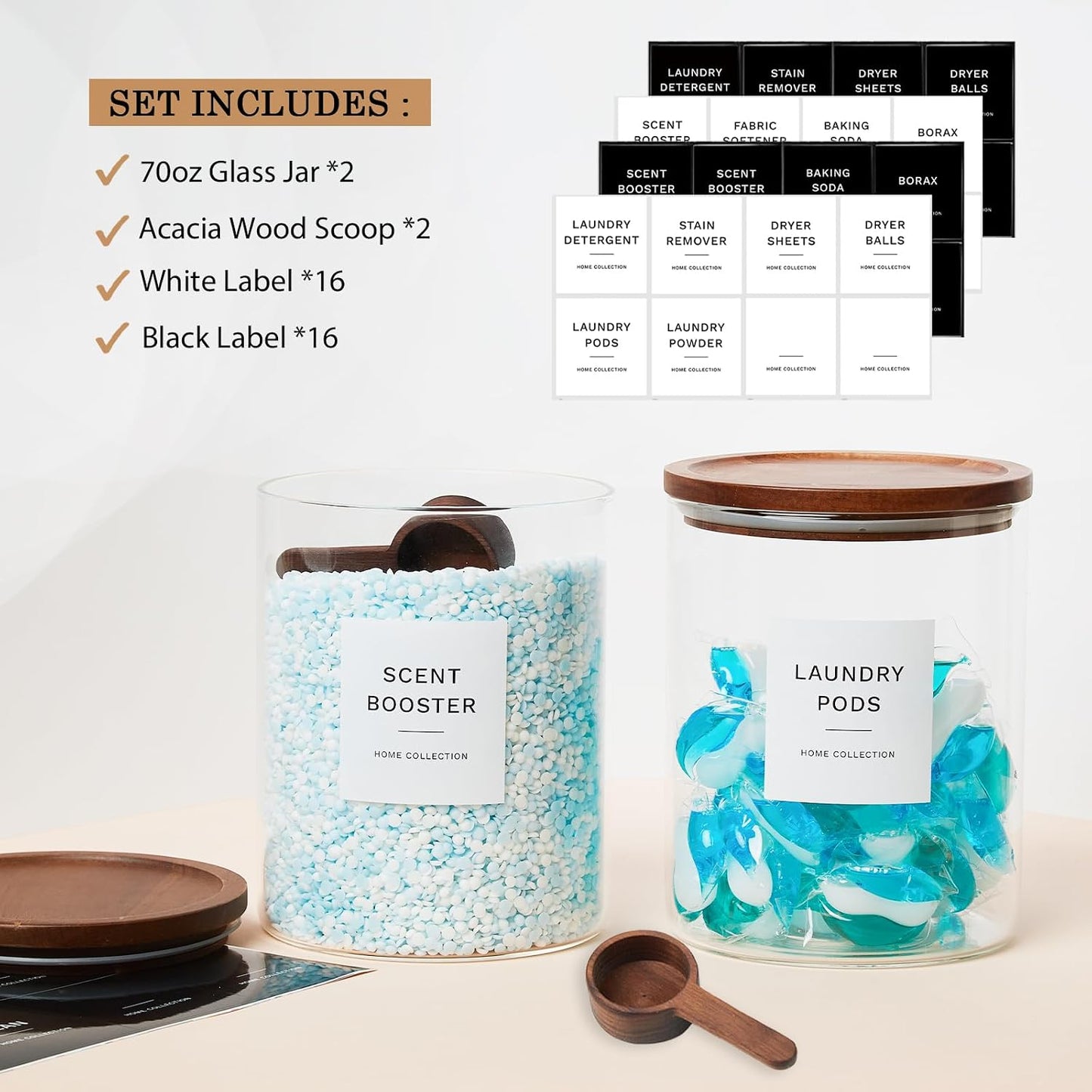 Glass Laundry Storage Containers with Acacia Lids and Scoops, Laundry Jars | 2 Pack Laundry Detergent Canisters for Powder, Laundry Pod Holder & Beads Organizer with Labels for Laundry Room Organization