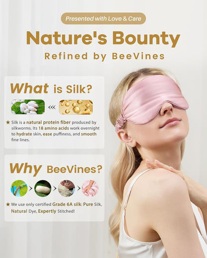 BeeVines 22 Momme Silk Sleep Mask, 3D Contoured Eye Masks for Women (Black) | Luxury 100% Pure Silk Eye Cover for Sleeping, 3D Contoured Eye Shade for Lash Extensions, Zero Eye Pressure & Blackout