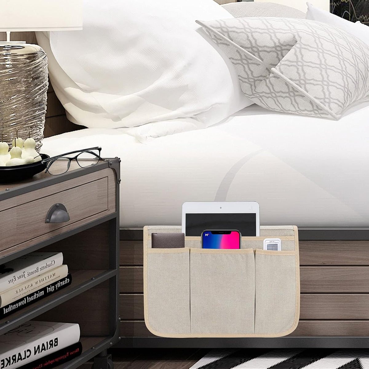 Bedside Caddy Bedside Storage Organizer Magazine Phone Tablet iPad Remote Holder, Organizer Caddy for Home College Dorm Bed, Sofa, Bunk Bed (Grey)