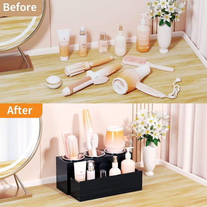 NIUBEE Acrylic Hair Tool Organizer,Hair Blow Dryer Holder with 3 Cups,White | Acrylic Hot Tools Organizer,Hair Organizer Storage Countertop,Blow Dryer Holder for Curling Iron,Brush, Straightener,Bathroom