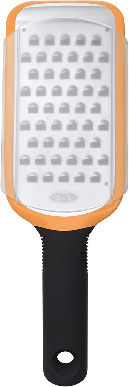 OXO Good Grips Etched Coarse Grater with Handle, Orange | Coarse Kitchen Grater, Sharp Etched Teeth, Non-Slip Handle, Hard Cheese, Vegetables, Chocolate, Easy Grip