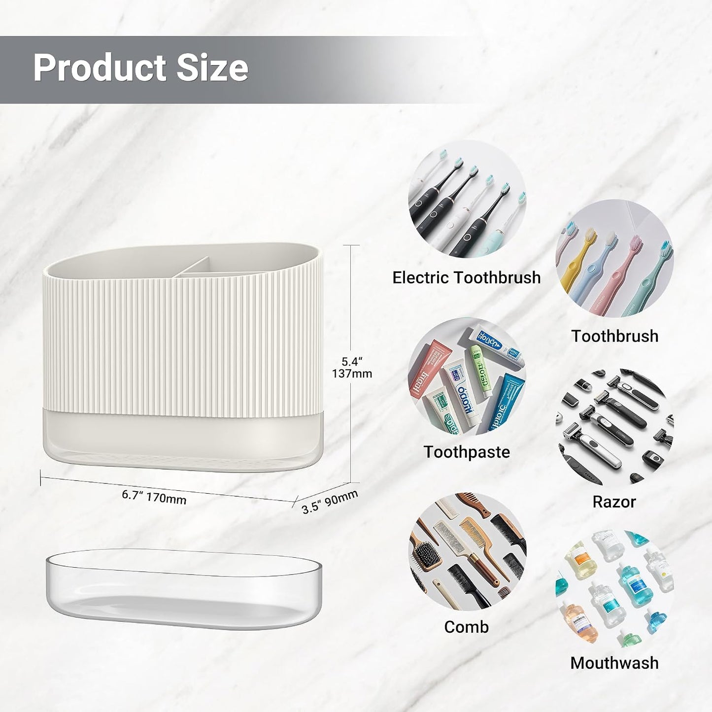 Large White Kids Toothbrush Holder for Bathroom with Drainage Tray 3 Slots | Cute Plastic Toddler Tooth Brush and Toothpaste Holder Organizer Caddy, White Bathroom Accessories Decor