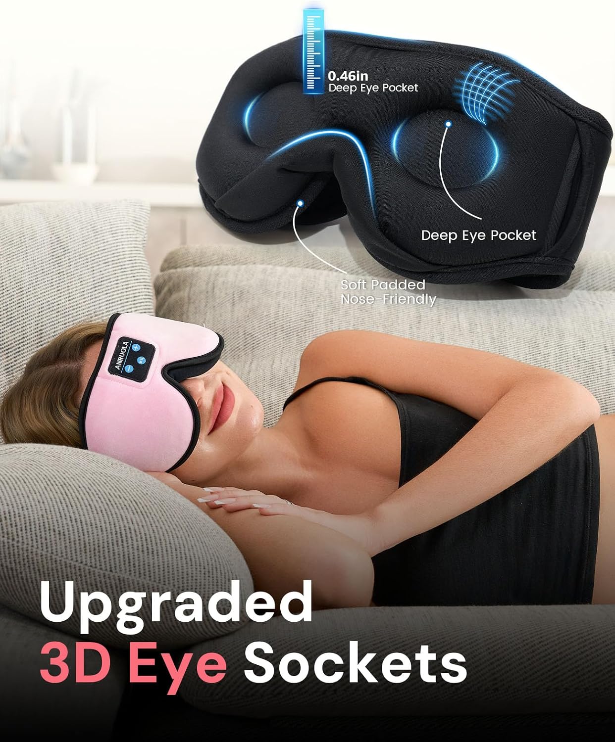 3D Sleep Mask with Bluetooth Headphones, Wireless Sleep Headphones for Side Sleepers, Noise Cancelling Eye Mask for Nap, Soft Sleeping Mask for Women Men, Blackout Sleep Mask with Built-in Speakers