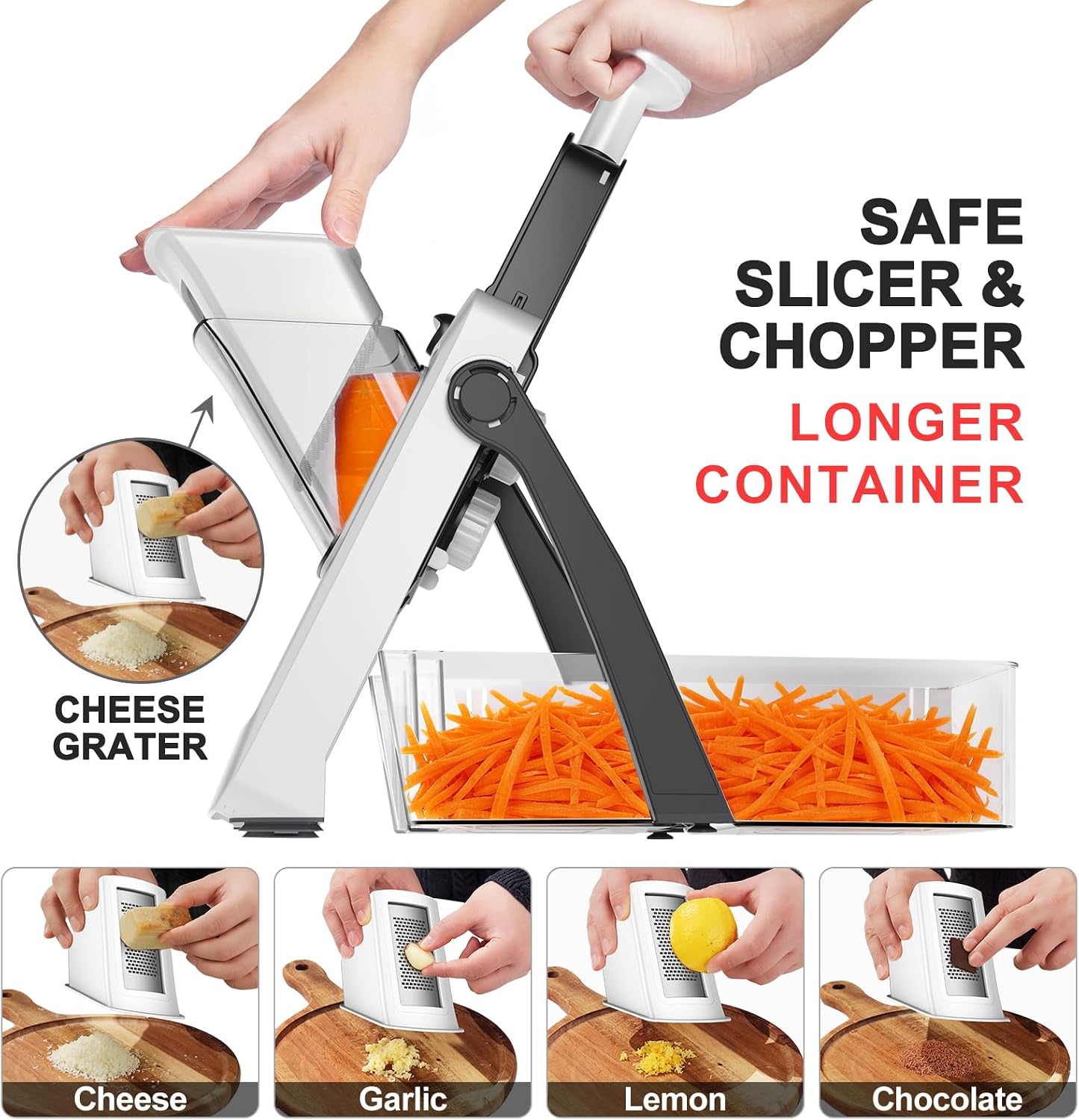 QYKIC Safe Mandoline Slicer for Kitchen, Adjustable Potato Slicer Pro | 0.1-8mm Vegetable Chopper Fry Cutter Julienne Dicer Large Chute Stainless Steel Blades Detachable Dishwasher Safe Gifts