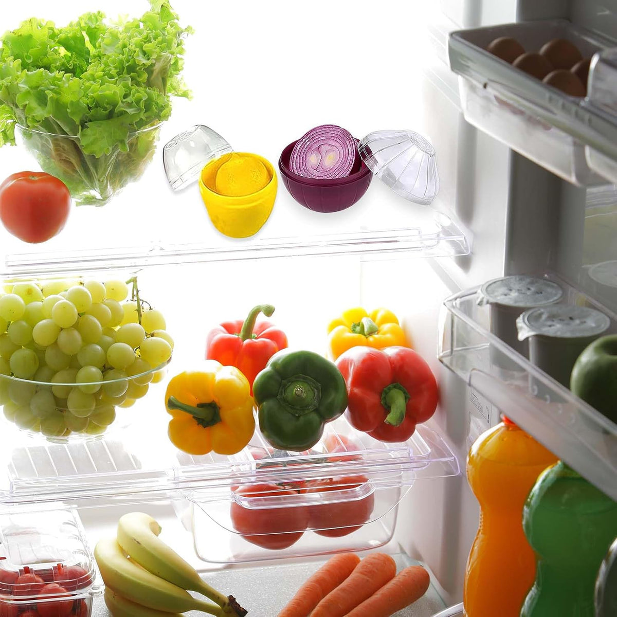 2PCS Tomato and Onion Storage Containers with Peeler, Freshness Keepers for Onion and Tomato, Ideal for Fridge Vegetable Crisper, Keeps Food Fresh Longer