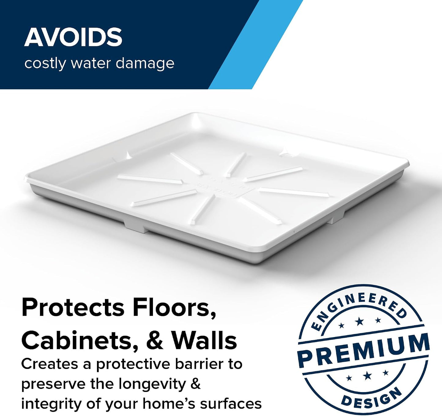 Camco Stackable Washing Machine Drain Pan - Measures 25″ (L) x 27″ (W) ID & 28″ (L) x 30″ (W) x 2 7/16″ (H) OD - Great for Apartment-Sized Washers/Stackable Units - 1"/1.5" PVC Drain Fitting (21006)