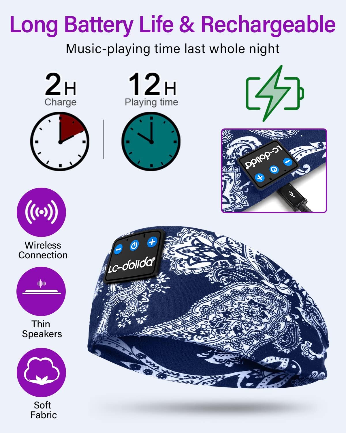 LC-dolida Sleep Headphones Bluetooth Headband Sleeping Wireless Headband Headphones with Thin HD Stereo Speakers Perfect for Side Sleepers, Sport, Yoga, Travel