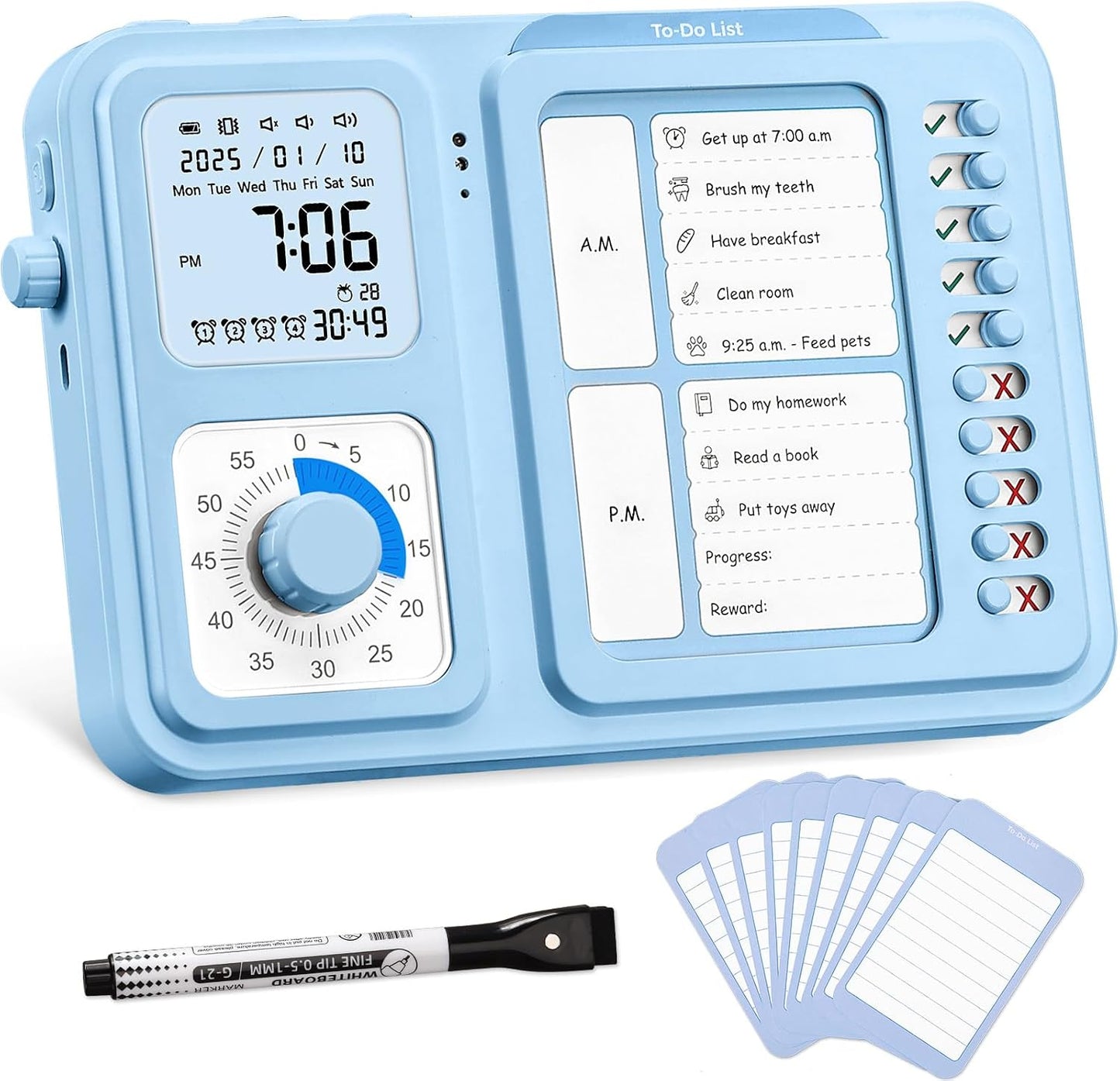 3-in-1 Visual Timer & ADHD Tool for Kids|Adults | Task Timer with Chore Chart Board, Visual Schedule for Kids Autism, Daily Checklist for Home, School, Classroom, Desk (White)
