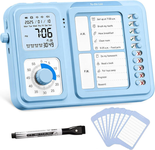 3-in-1 Visual Timer & ADHD Tool for Kids|Adults | Task Timer with Chore Chart Board, Visual Schedule for Kids Autism, Daily Checklist for Home, School, Classroom, Desk (White)