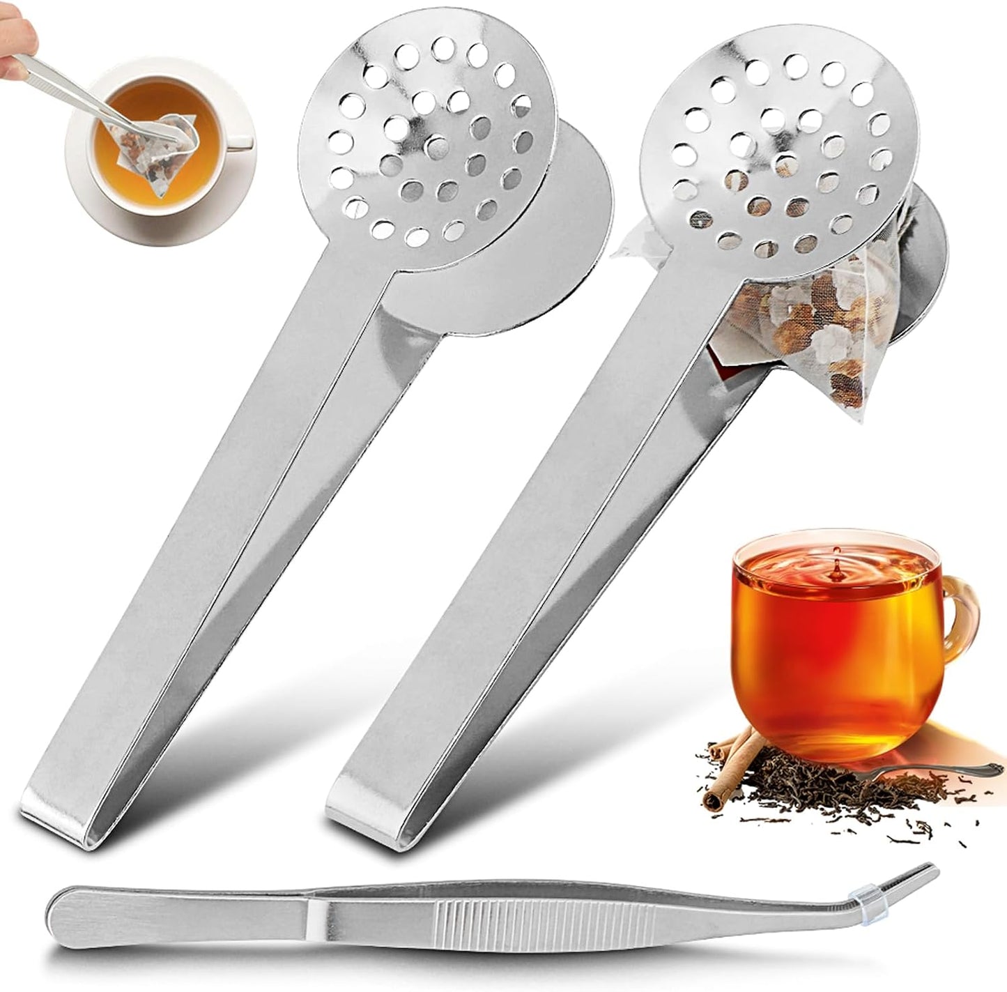 2 Pcs Stainless Steel Tea Bag Tongs and Squeezer, 6 Inch Anti-Slip Tea Bag Strainer Clips for Tea Bags, Herbs, Sugar Cubes and Ice Cubes, Kitchen and Bar Accessories