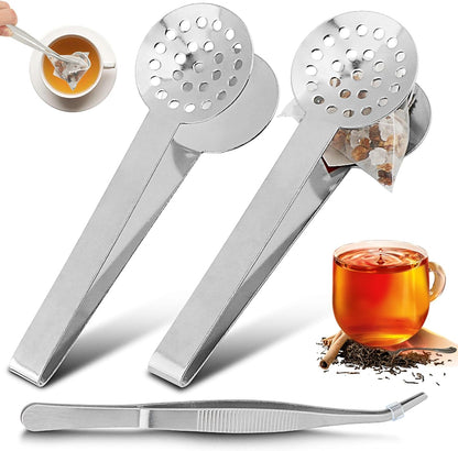 2 Pcs Stainless Steel Tea Bag Tongs and Squeezer, 6 Inch Anti-Slip Tea Bag Strainer Clips for Tea Bags, Herbs, Sugar Cubes and Ice Cubes, Kitchen and Bar Accessories