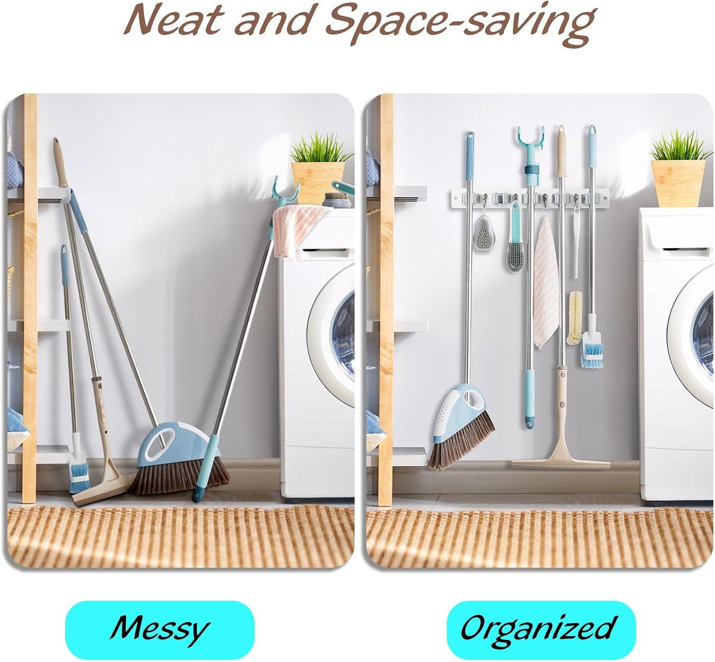 OUTNILI Mop and Broom Holder Wall Mount - Wood Broom Mop Hanger - Wall Mounted Garden Tool Rack Organizer for Closet Garage Laundry Room, Rustic Kitchen Decor With 4 Slots & 4 Hooks