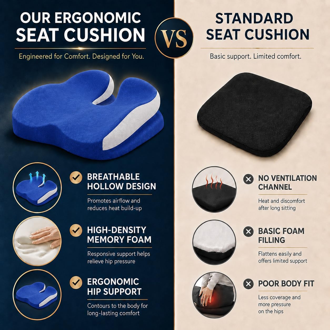 Memory Foam Ergonomic Seat Cushion for Office Chairs Pain Relief | Suitable for prolonged sitting, relieves tailbone pain, fits office chairs, wheelchairs, car seats and computer desk chairs