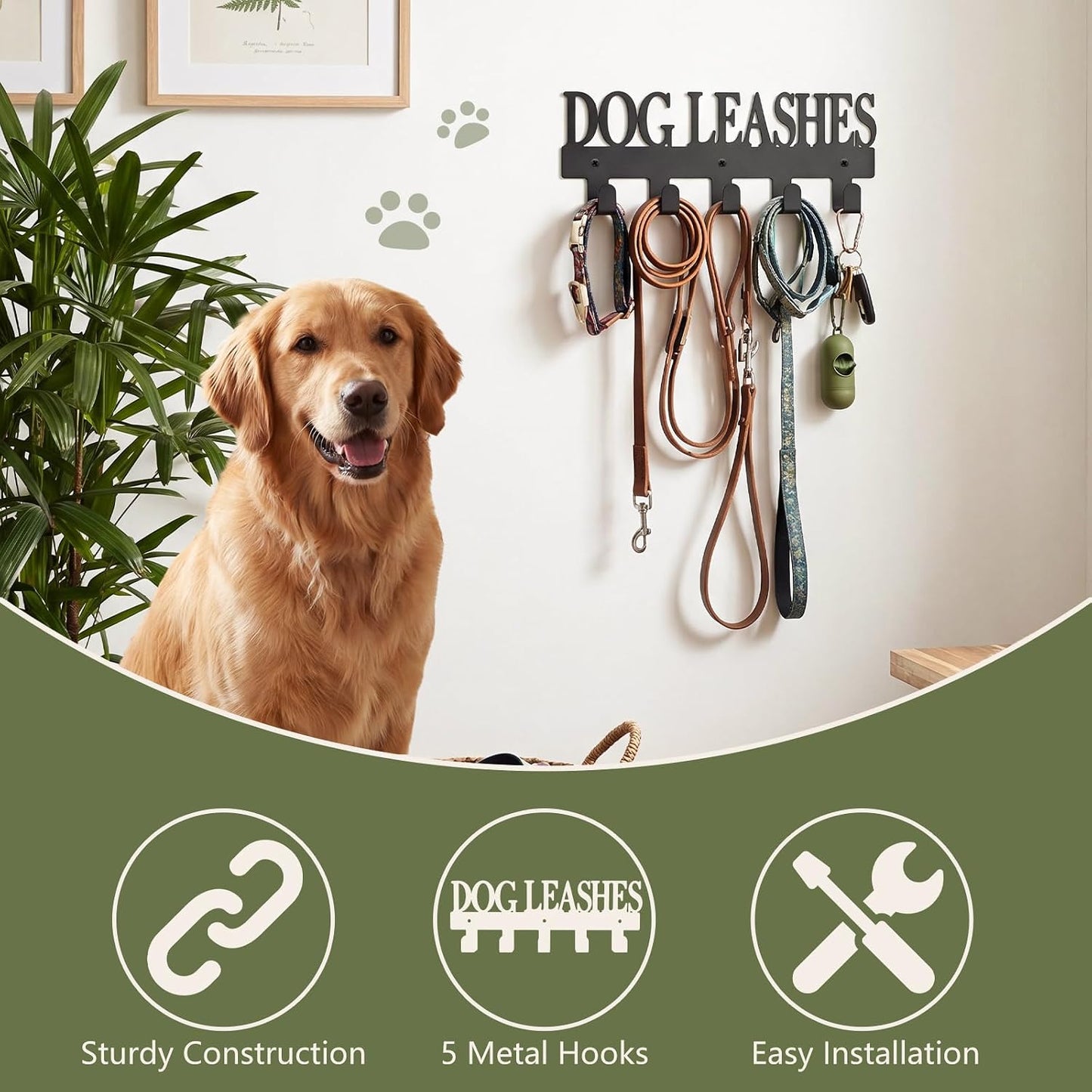 Dog Leash Holder for Wall with 5 Metal Hooks | Key Holder Wall Mount,Pet Leash Collars and Key Organizer, Screw Mounted, Entryway Hallway Kitchen Garage Mudroom Decor