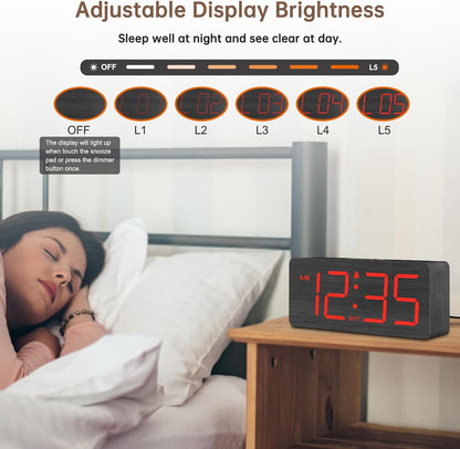 DreamSky Wooden Digital Alarm Clock for Bedroom with Large Numbers | Desk Clock for Living Room Office, Loud Alarm for Heavy Sleepers Adults, Volume Control, Dimmer, DST, Wood Decor (Plug-in)