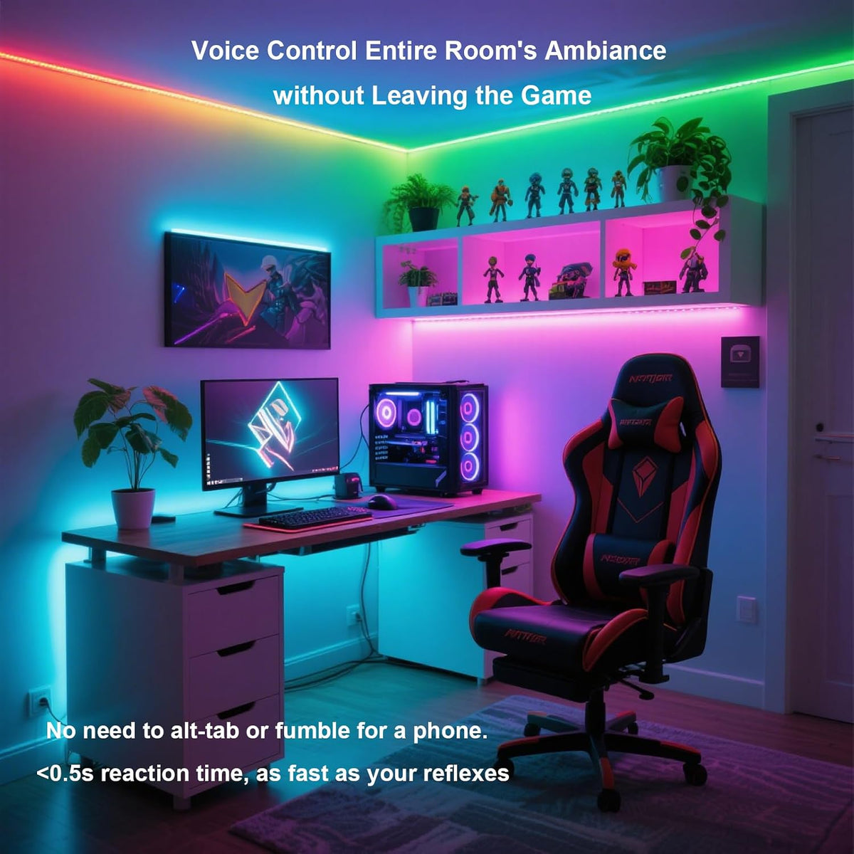 AI Voice Activated Under Bed Lights Strip,Indoor Kids Bedroom Night Lights RGBW, No App/Wifi Required, Dimmable Color Changing Strong Adhesive, Music Sync USB Powered 16.4ft for Kitchen Cabinet