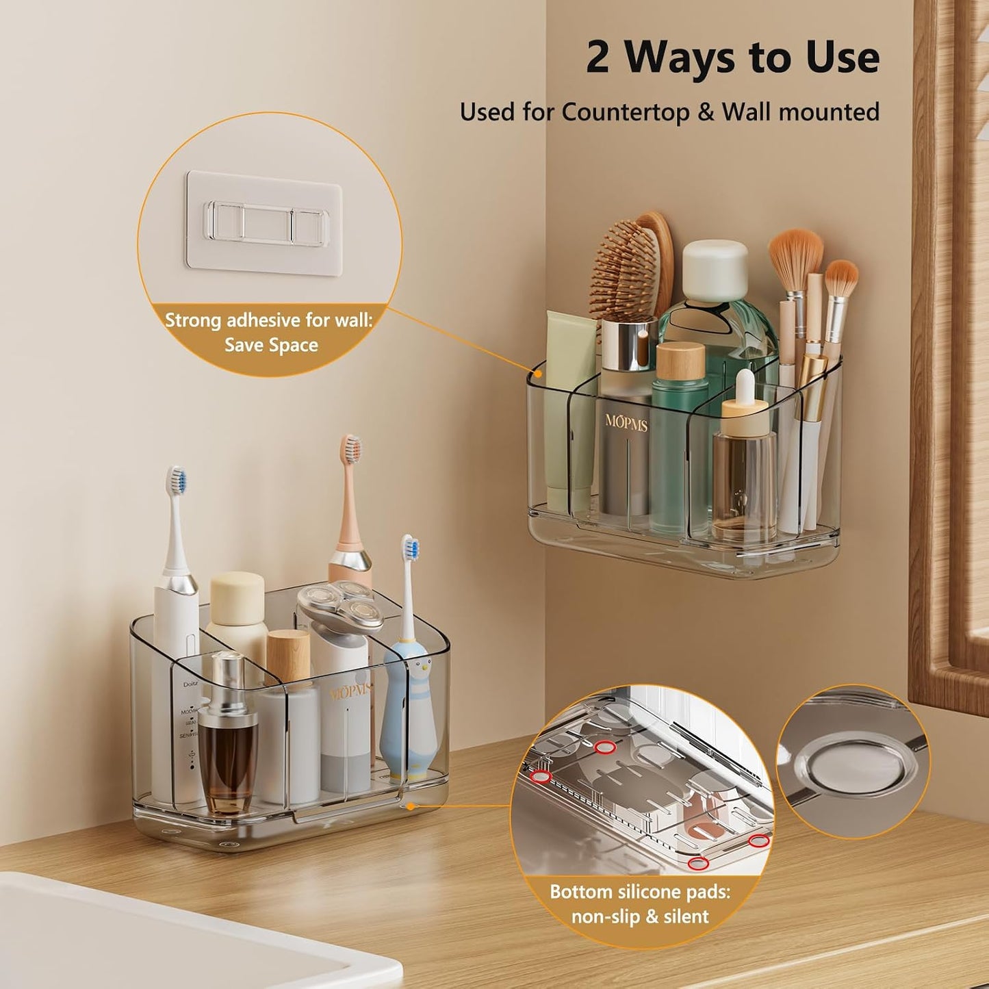 MOPMS Toothbrush Holders for Bathrooms with 5 Slots Adjustable Dividers | Electric Tooth Brush and Toothpaste Holder with Drain Tray for Easy Clean, Wall Mounted & Countertop Organizer for Shower