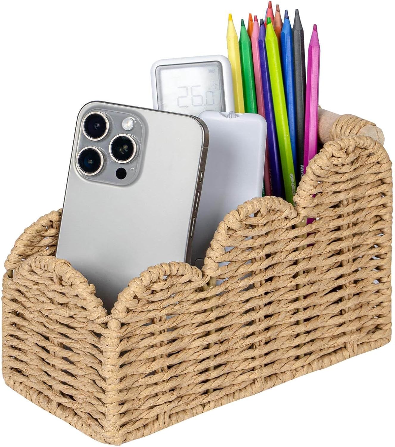 CubesLand Bedside Table Desk Organizer Caddy, Remote Pen&Pencil Holder Cup | Makeup Brush Holder w/Scalloped Perfect for Home, Office Desk, Living Room Table Decor, 3 Slots Neutral
