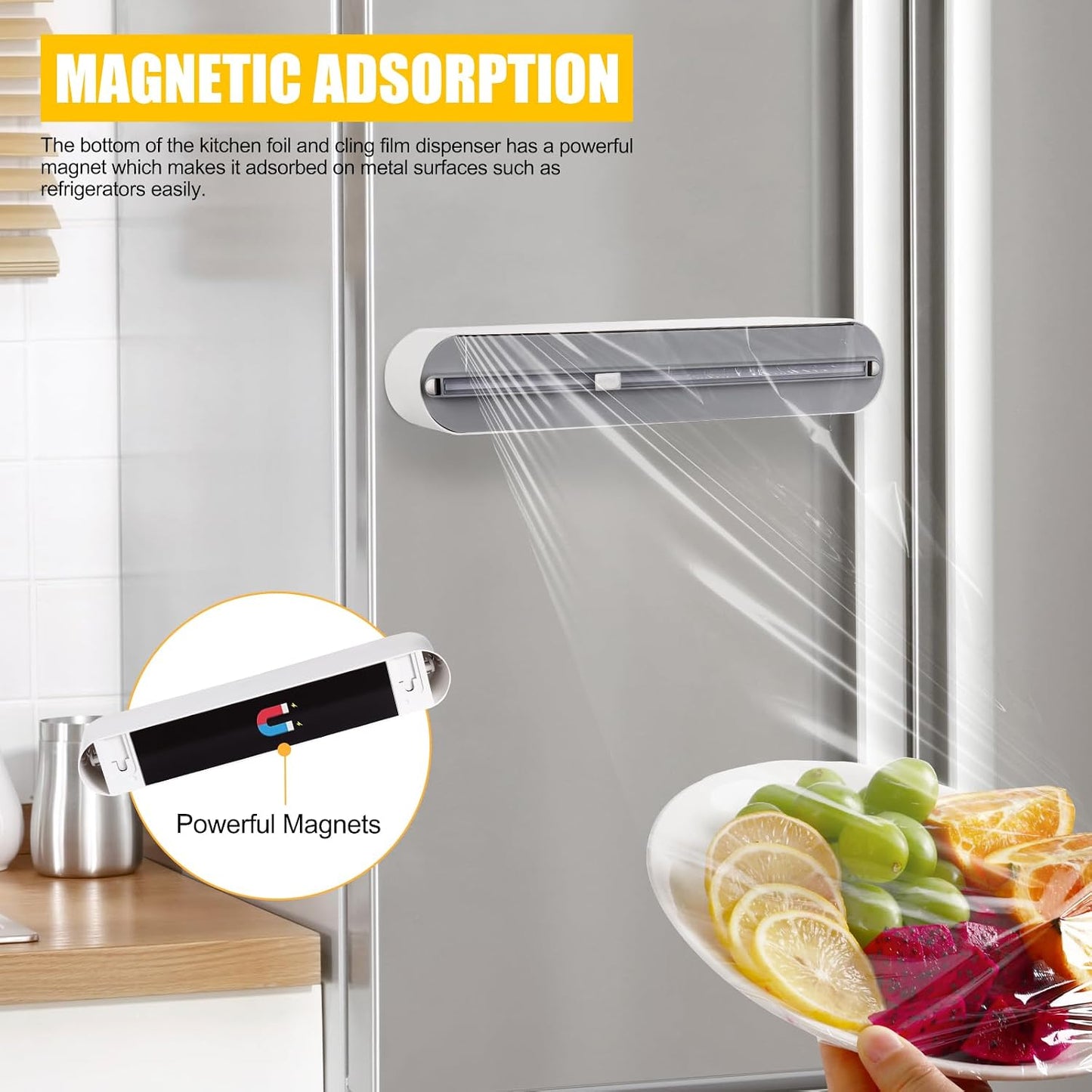 Aluminum Foil & Plastic Wrap Dispenser with Slide Cutter - Magnetic & No-Drill Wall Mount, Cling Film Dispenser for Worktops & Cabinets, Space-Saving Kitchen Organizer - Fits 12" Rolls, White