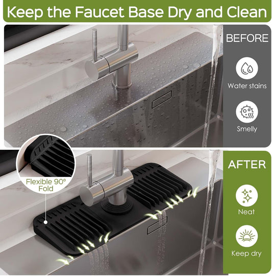 24 Inch Silicone Faucet Mat for Kitchen Sink Splash Guard – Upgraded Draining Mat with Water Tray Behind Faucet – Countertop Protectors to Catch Spills (Black, 24" x 5.5" )