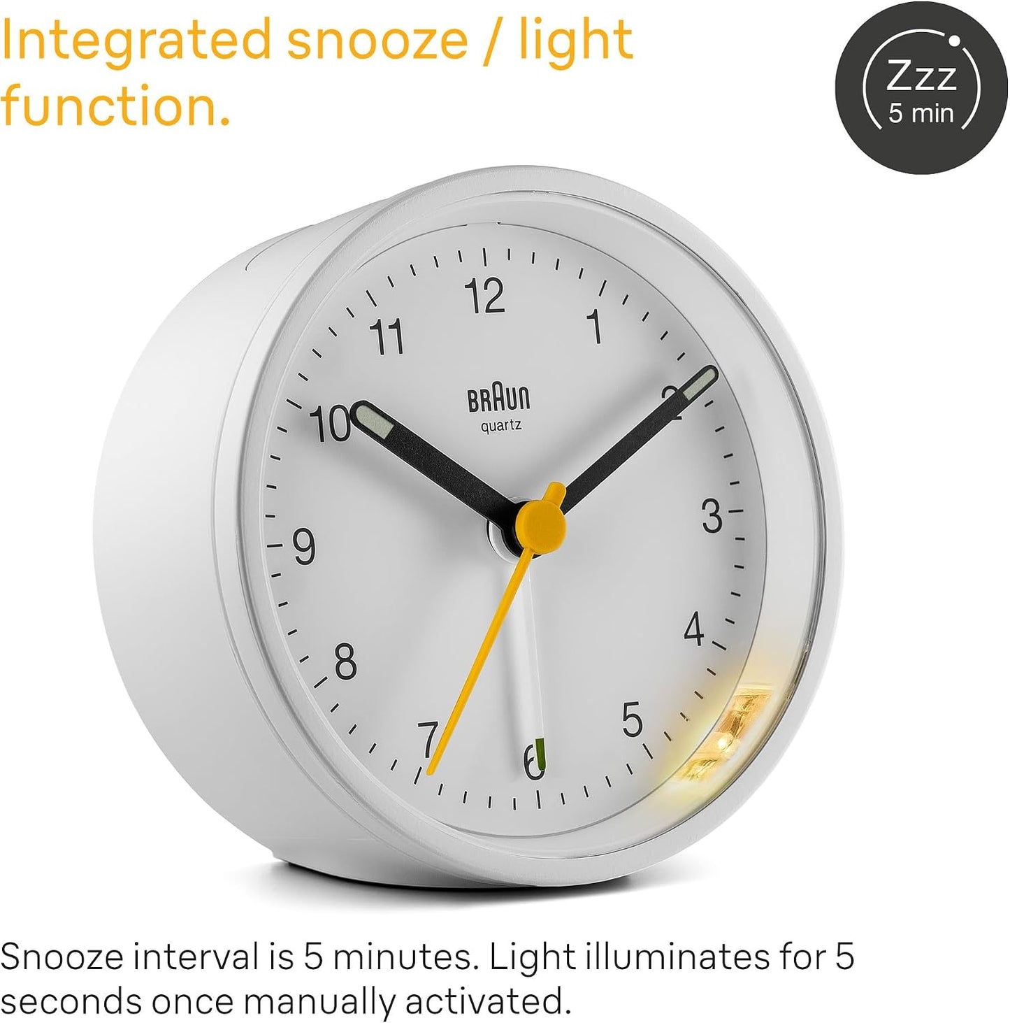 Braun Classic Analogue Alarm Clock with Snooze and Light, Quiet Quartz Movement, Crescendo Beep Alarm in White, Model BC12W.