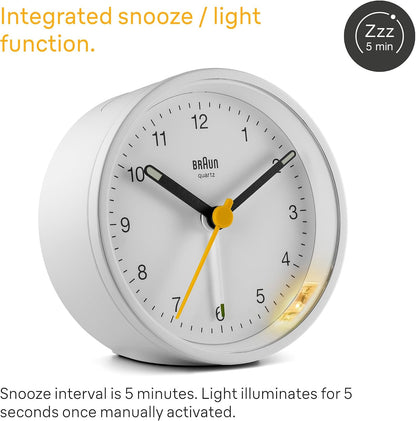 Braun Classic Analogue Alarm Clock with Snooze and Light, Quiet Quartz Movement, Crescendo Beep Alarm in White, Model BC12W.