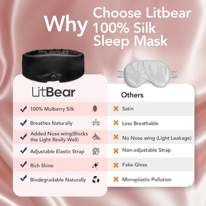 LitBear Silk Sleep Mask for Side Sleeper, Travel, Airplane, Jet Black