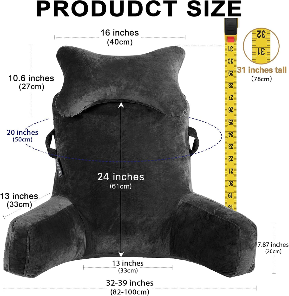 SLIGUY Reading Pillow-Bed Rest Pillow with Detachable Neck Roll & Support Arm for Sitting in Bed Couch or Floor-Backrest Reading Pillow Adult Back Pillow for Reading/Watching TV/Gaming,Dark Grey