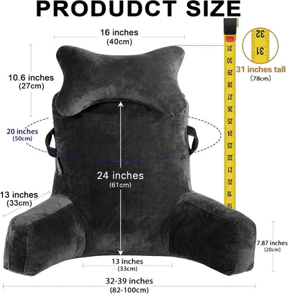 SLIGUY Reading Pillow-Bed Rest Pillow with Detachable Neck Roll & Support Arm for Sitting in Bed Couch or Floor-Backrest Reading Pillow Adult Back Pillow for Reading/Watching TV/Gaming,Dark Grey