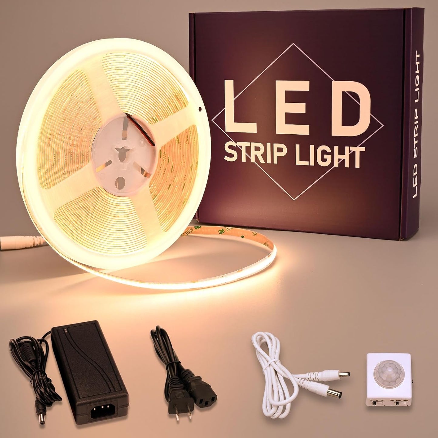GOMING Motion Sensor COB LED Light Strip 16.4ft(5M) Cool White 6000K | 3 Lighting Modes 3 Timing Off Modes 3 Brightness Modes with Power Adapter for Kitchen Cabinets Stair Showcase Bedroom Bed