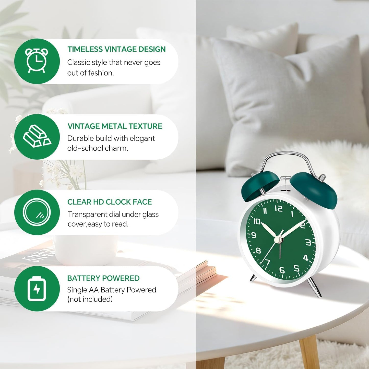 4.5" Analog Alarm Clock for Heavy Sleepers, Loud Battery Operated Alarm Clocks with Light, Metal Silent Desk Clock for Bedrooms, Retro Bedside Clocks for Kids Girls Women Mother Seniors, Pink
