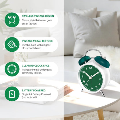 4.5" Analog Alarm Clock for Heavy Sleepers, Loud Battery Operated Alarm Clocks with Light, Metal Silent Desk Clock for Bedrooms, Retro Bedside Clocks for Kids Girls Women Mother Seniors, Pink