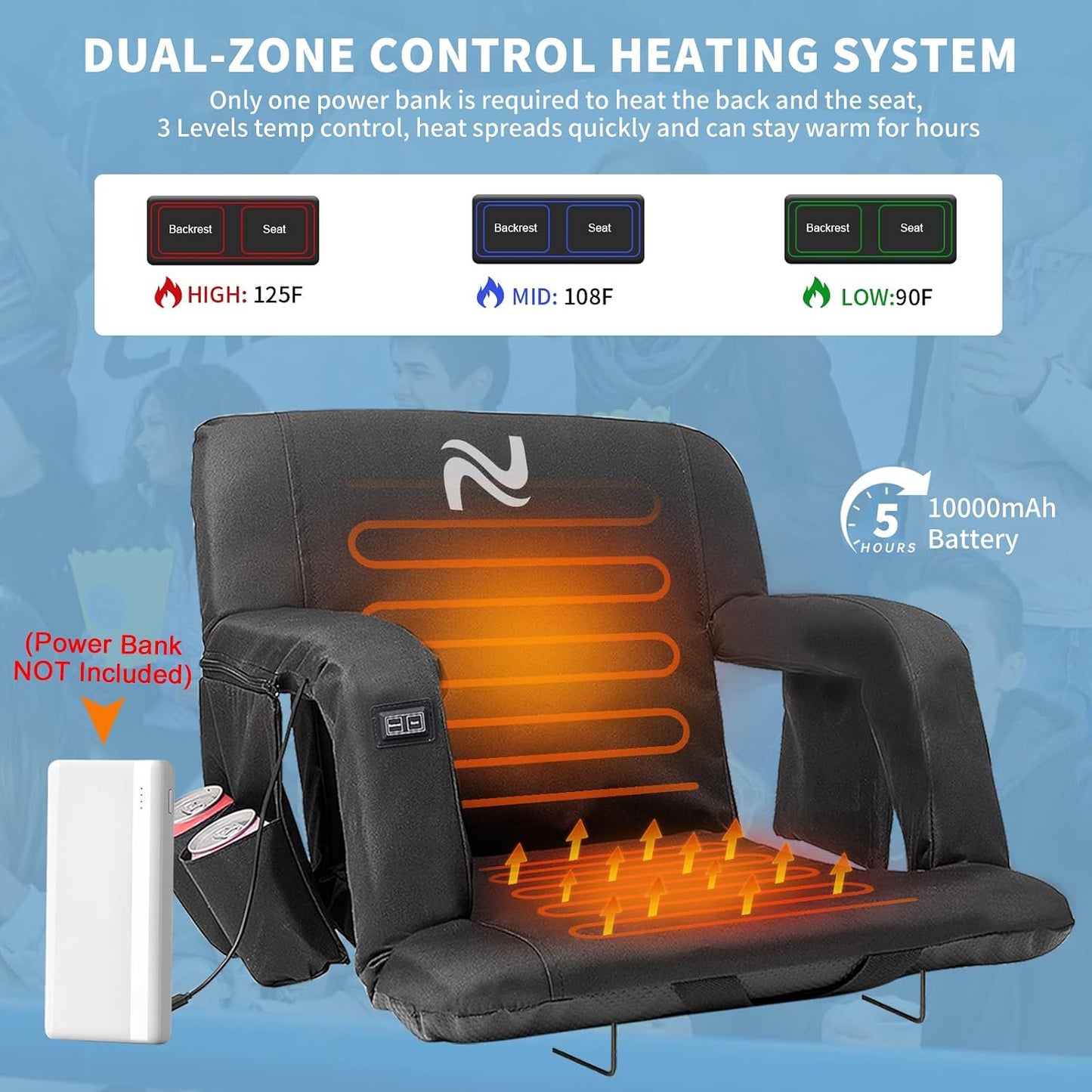 Wide Heated Stadium Seat for Bleachers w/Back Support & Cushion | 5-Position Adjustable Heated Stadium Seat with Armrests, 3 Heat Levels, Anti-Slip, Side Pockets, Backpack Straps (No Battery)