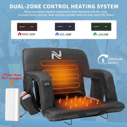 Wide Heated Stadium Seat for Bleachers w/Back Support & Cushion | 5-Position Adjustable Heated Stadium Seat with Armrests, 3 Heat Levels, Anti-Slip, Side Pockets, Backpack Straps (No Battery)