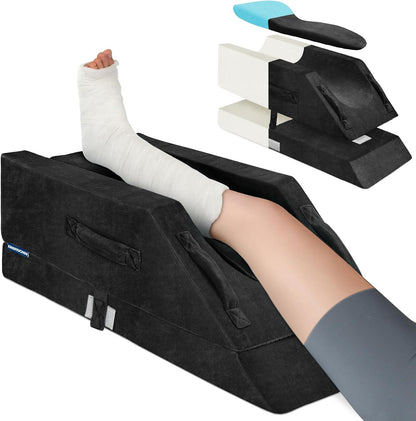 KingPavonini 4-Height Adjustable Leg Elevation Pillows for After Surgery | Soft Yet Supportive Memory Foam, Fits Various Heights, Relieve Pain & Swelling, 4 Handles & Insert Pad, Washable Velvet Cover