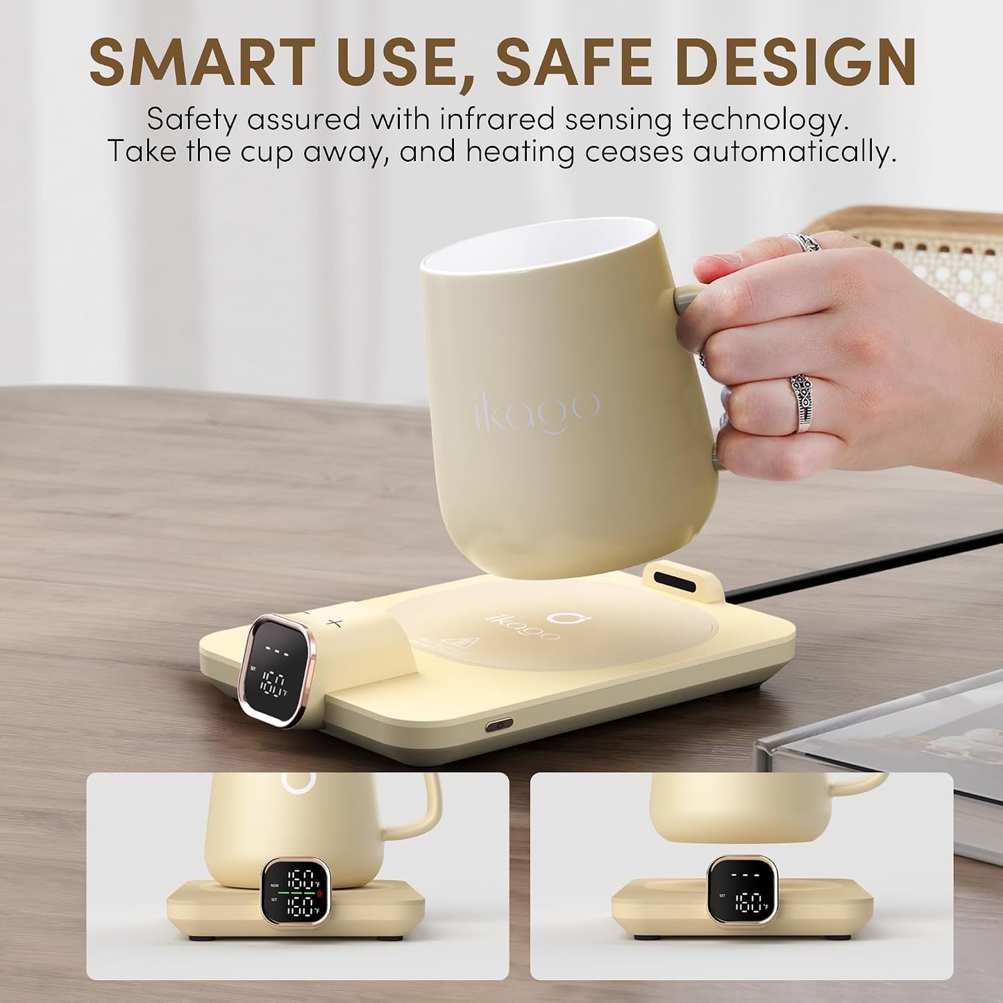 Coffee Cup Warmer & IKAGO Mug Set, 1℉ Precise Temp Control Mug Warmer | Auto Shut Off, Infrared Sensor, Dual Temp Display, ℉/℃ Optional, 15oz Mug with Spoon & Lid Included, Gifts for Men Women