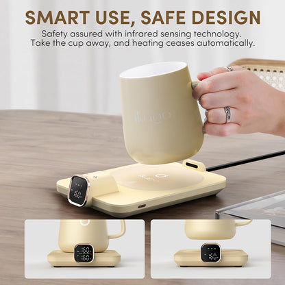 Coffee Cup Warmer & IKAGO Mug Set, 1℉ Precise Temp Control Mug Warmer | Auto Shut Off, Infrared Sensor, Dual Temp Display, ℉/℃ Optional, 15oz Mug with Spoon & Lid Included, Gifts for Men Women