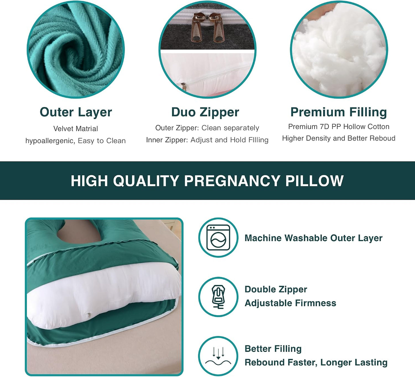 ALLOPERA Pregnancy Pillows for Sleeping, 57-Inch U-Shaped Full Body Maternity Pillow with Adjustable Fill and Removable Washable Cover, Back, Belly, Hip and Leg Support for Pregnant Women, Black Grey