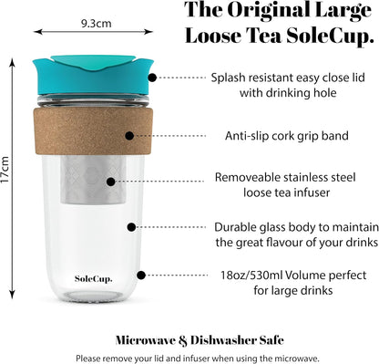 Large Travel Mug Loose Tea Infuser - Detachable Tea Strainer with Spill Proof Lid - 18oz/530ml BPA-Free Reusable Glass Travel Coffee Cup with Cork Band (Pink, 18oz)