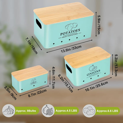 Kitchen Vegetable Storage Set of 3, Metal Onion Garlic Potato Storage Set, Kitchen Canisters Vegetable Keeper Containers with Aerating Holes and Bamboo Lid,Black